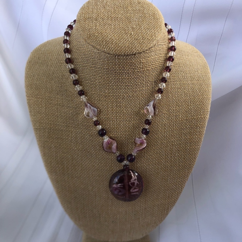 Vtg Purple Hand Blown Glass Beaded Necklace